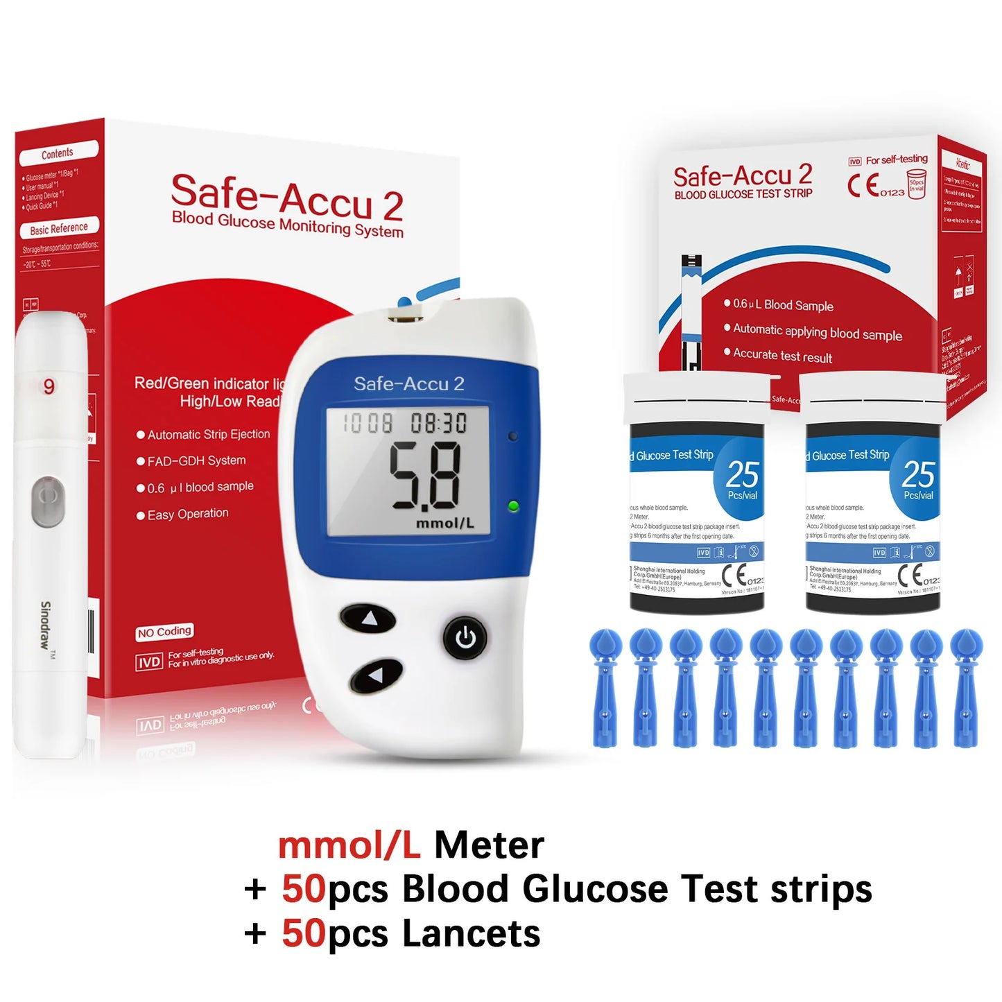 Safe Accu2 Blood Glucose Meter with Blood Glucose Test Strips and Lancets Blood Sugar Monitor Glucometer Diabetes Testing Kit
