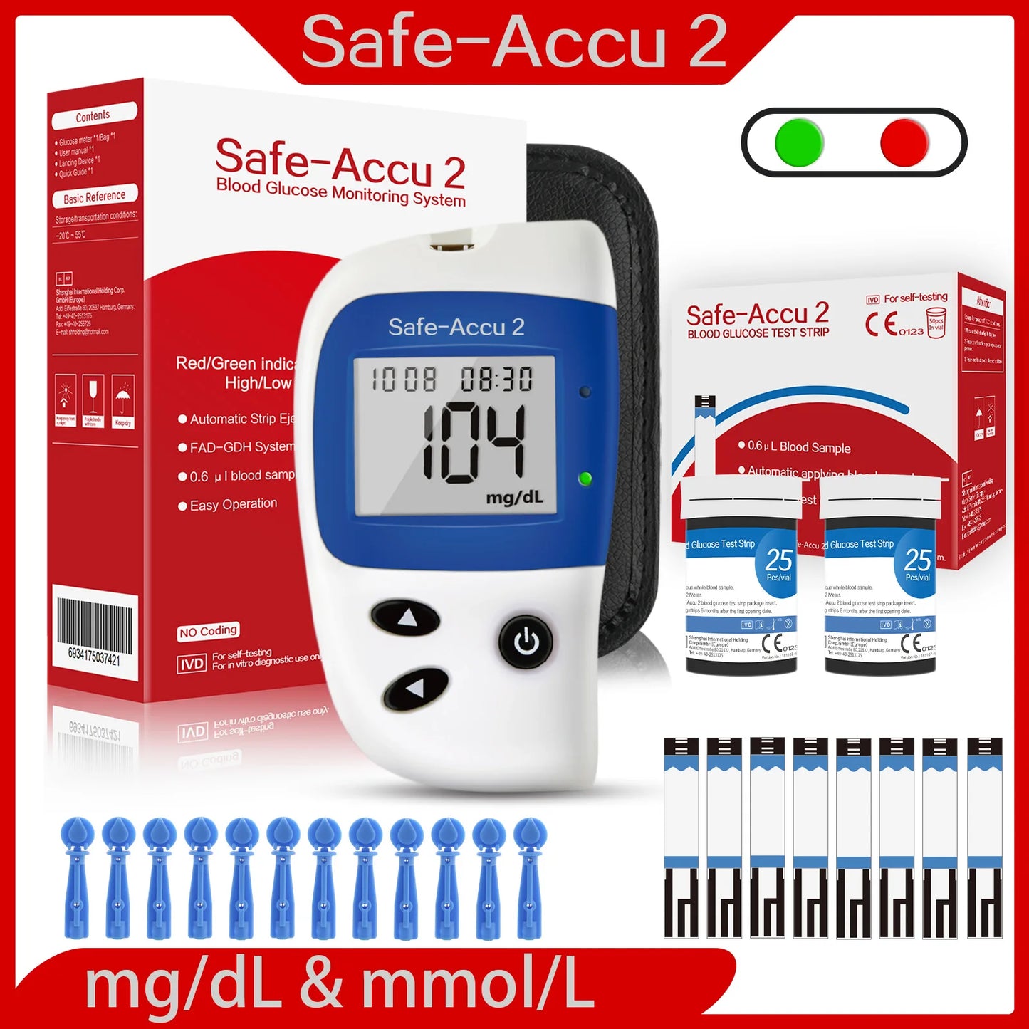 Safe Accu2 Blood Glucose Meter with Blood Glucose Test Strips and Lancets Blood Sugar Monitor Glucometer Diabetes Testing Kit
