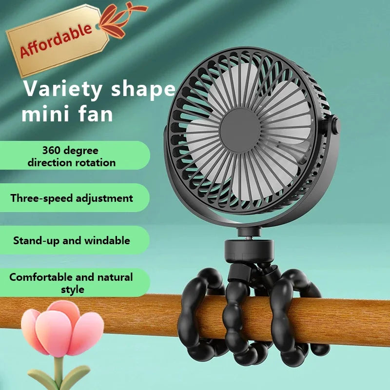 New Fan for Cart Stroller Fans Multi Functional Student Baby USB 3 Speeds Rechargeable Lithium Battery Octopus Mini Fan
