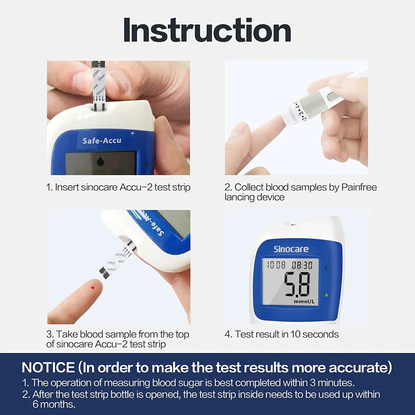 Safe Accu2 Blood Glucose Meter with Blood Glucose Test Strips and Lancets Blood Sugar Monitor Glucometer Diabetes Testing Kit