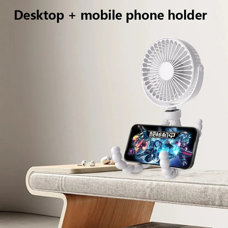 New Fan for Cart Stroller Fans Multi Functional Student Baby USB 3 Speeds Rechargeable Lithium Battery Octopus Mini Fan