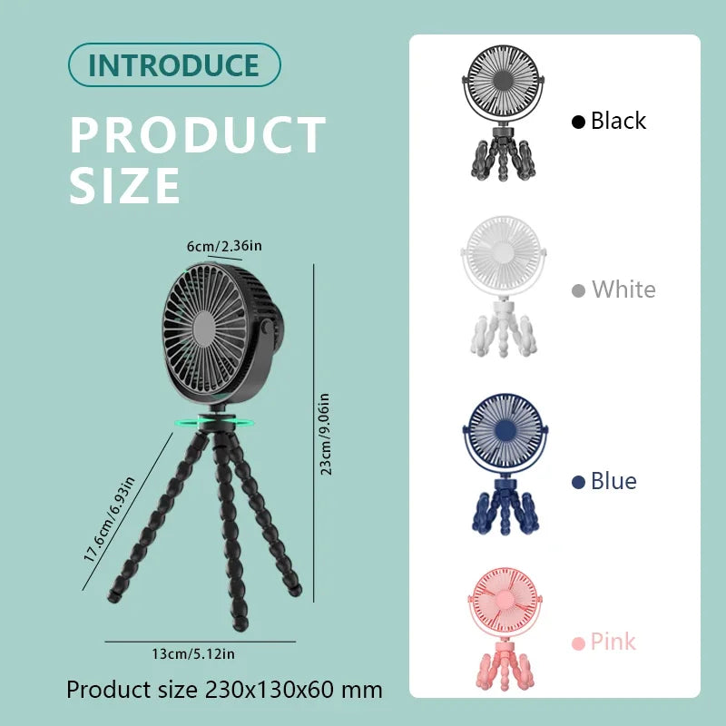 New Fan for Cart Stroller Fans Multi Functional Student Baby USB 3 Speeds Rechargeable Lithium Battery Octopus Mini Fan