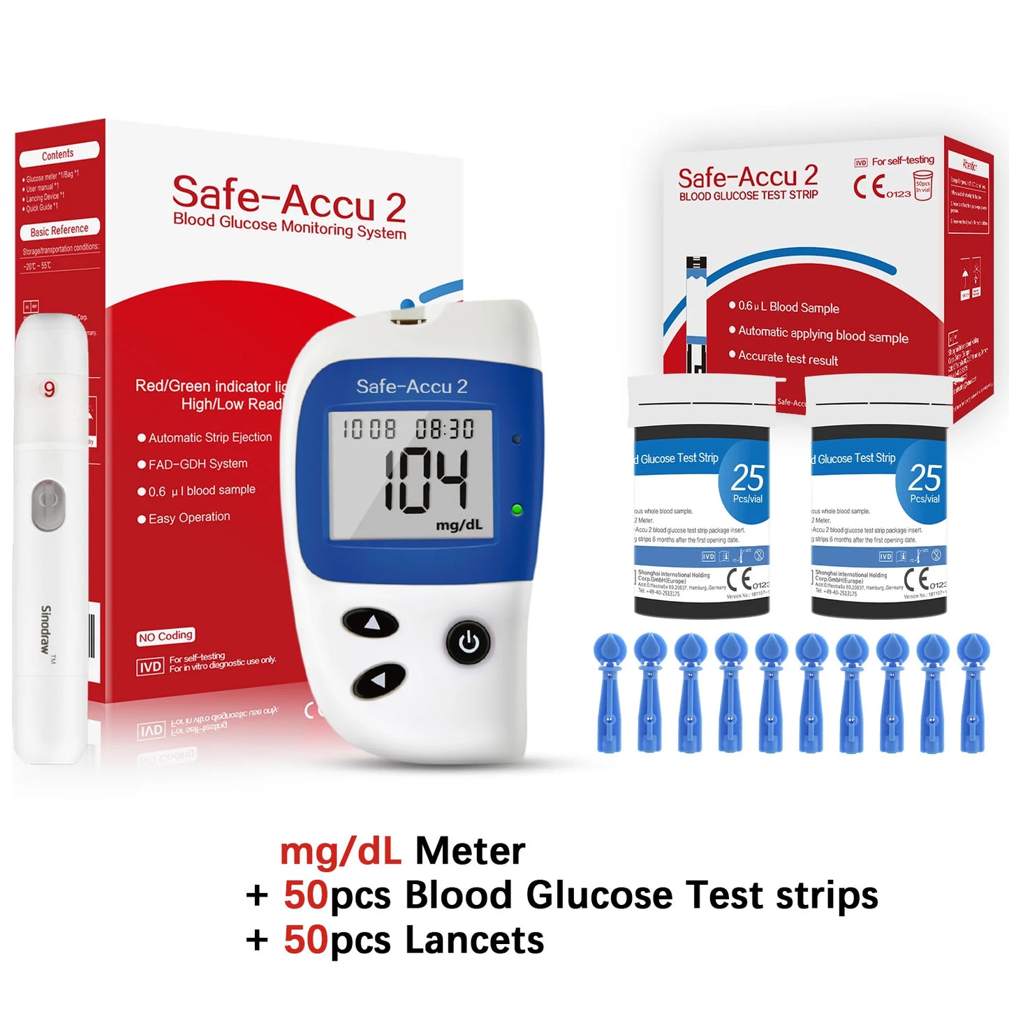 Safe Accu2 Blood Glucose Meter with Blood Glucose Test Strips and Lancets Blood Sugar Monitor Glucometer Diabetes Testing Kit