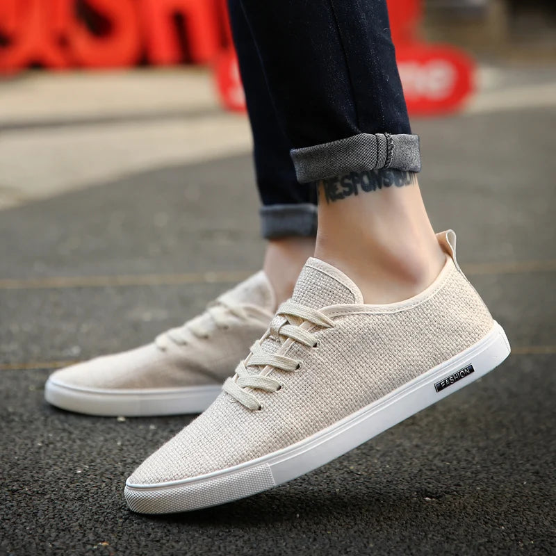 Fashion Beige Canvas Shoes Men's Skateboarding Shoes Flat Casual Shoes Men Walking Shoes Light Breathable Driving Shoes For Men