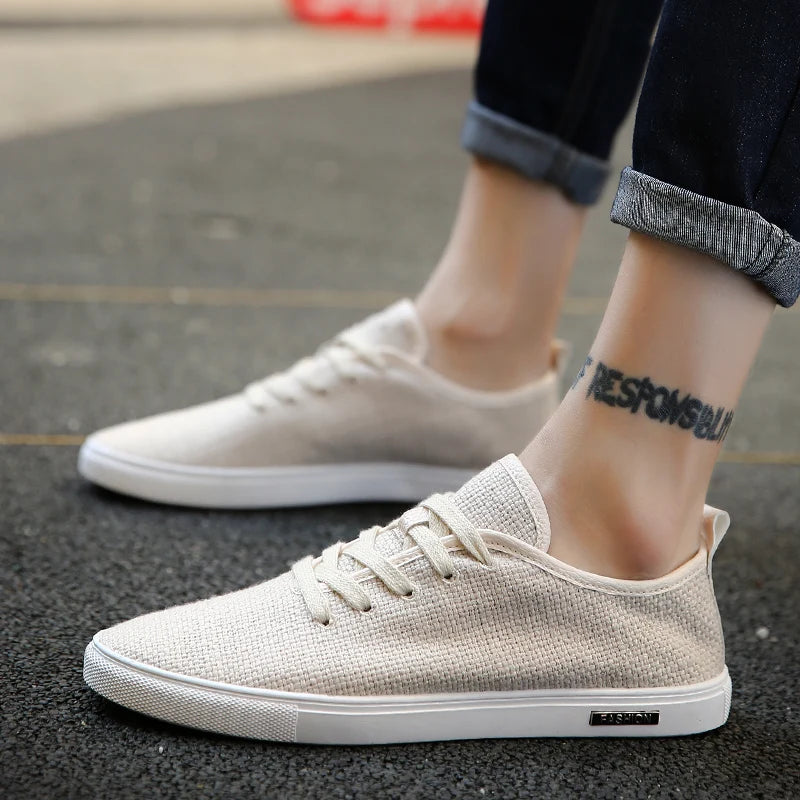 Fashion Beige Canvas Shoes Men's Skateboarding Shoes Flat Casual Shoes Men Walking Shoes Light Breathable Driving Shoes For Men