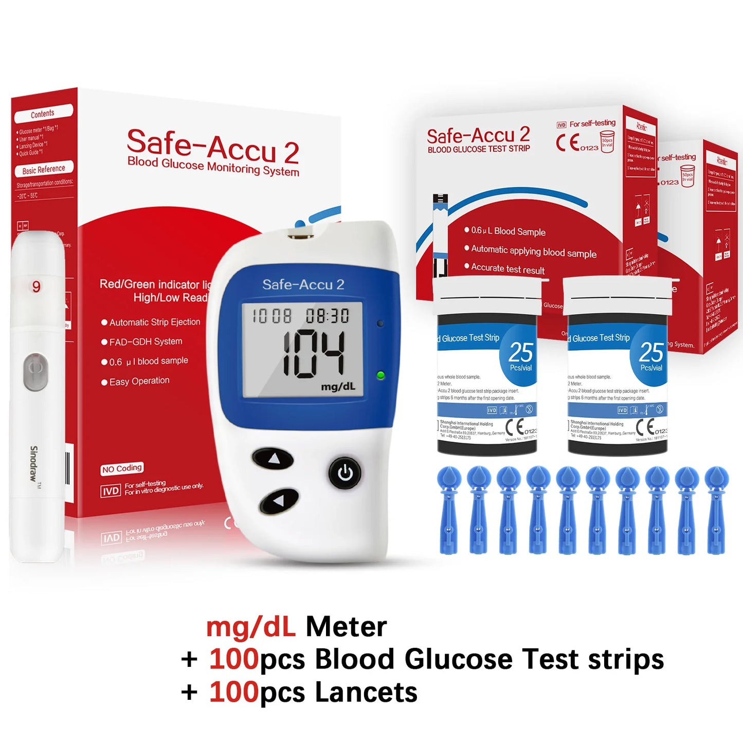 Safe Accu2 Blood Glucose Meter with Blood Glucose Test Strips and Lancets Blood Sugar Monitor Glucometer Diabetes Testing Kit