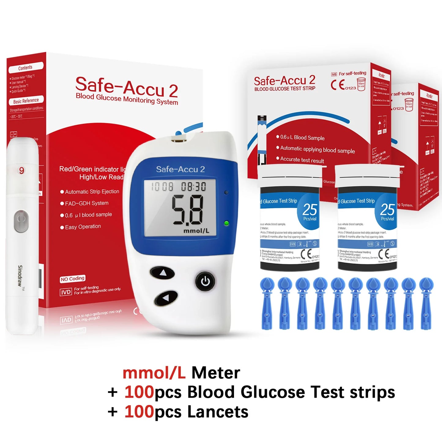 Safe Accu2 Blood Glucose Meter with Blood Glucose Test Strips and Lancets Blood Sugar Monitor Glucometer Diabetes Testing Kit